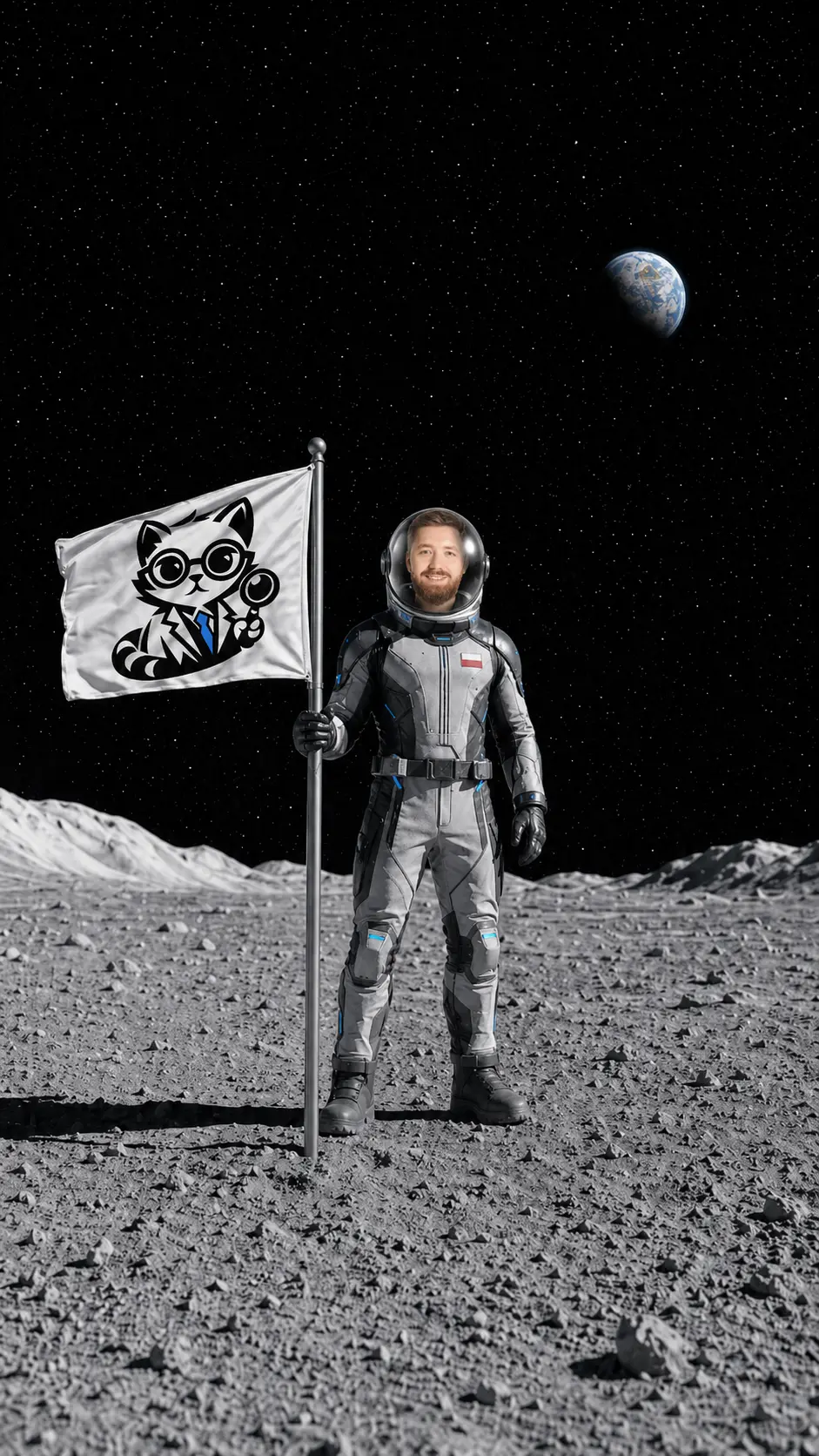 A Doctorank astronaut planting the Doctorank flag on the moon