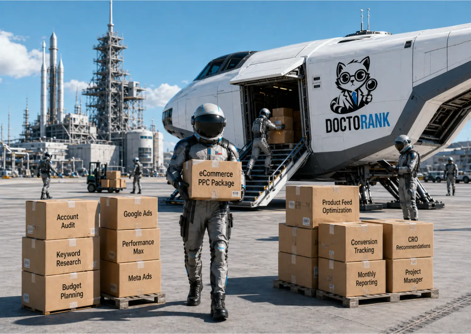 The Doctorank eCommerce PPC package: account audit, Google Ads, Performance Max, Meta Ads, product feed optimization, conversion tracking, reporting and a project manager