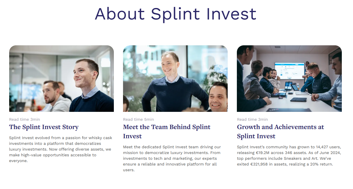 SplintInvest About page introducing the company story, team and growth