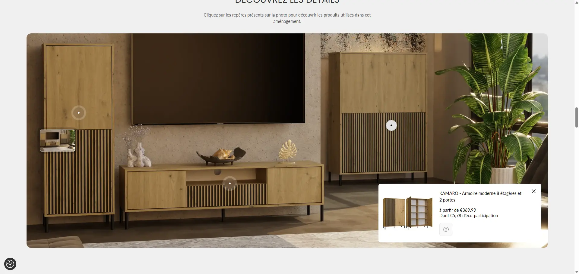 Interactive room scene on the Topeshop French store, showing a product price and link