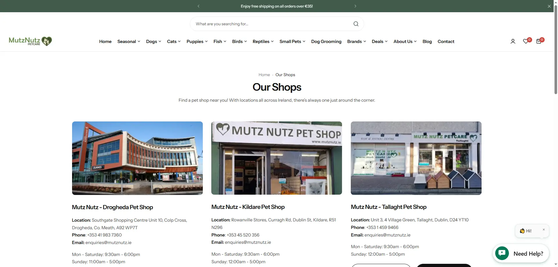 MutzNutz stores page listing each brick-and-mortar location with hours, phone numbers and map directions