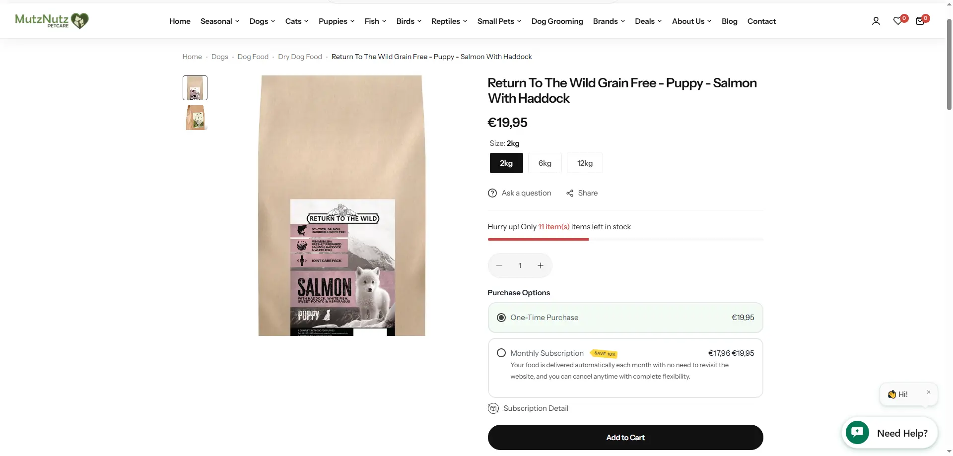 MutzNutz product page with a subscription option, breadcrumbs and a variant selector