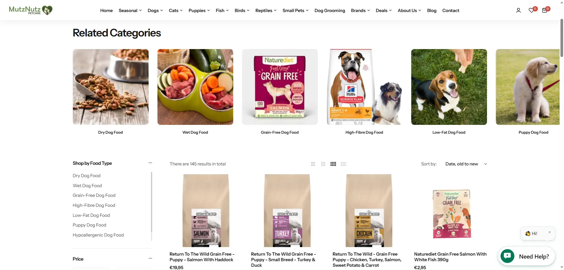 MutzNutz collection page with a sidebar and related products