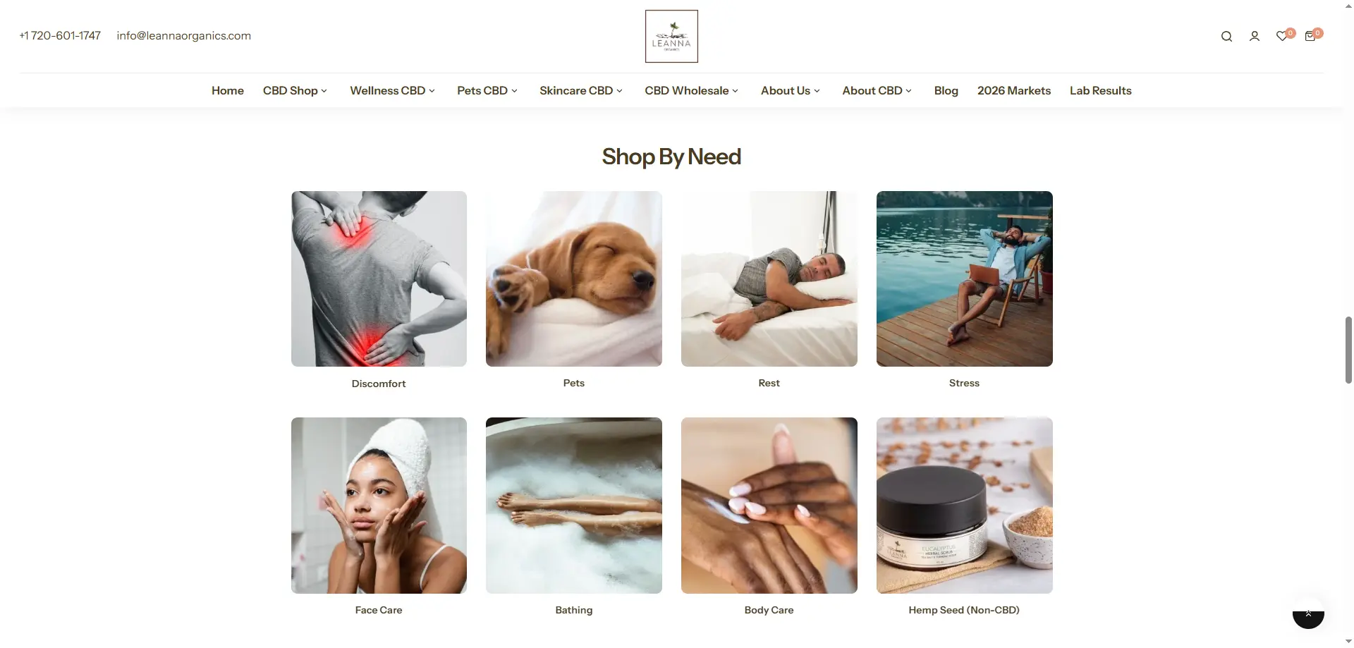 Shop by need section on the new Leanna Organics homepage, with product photos