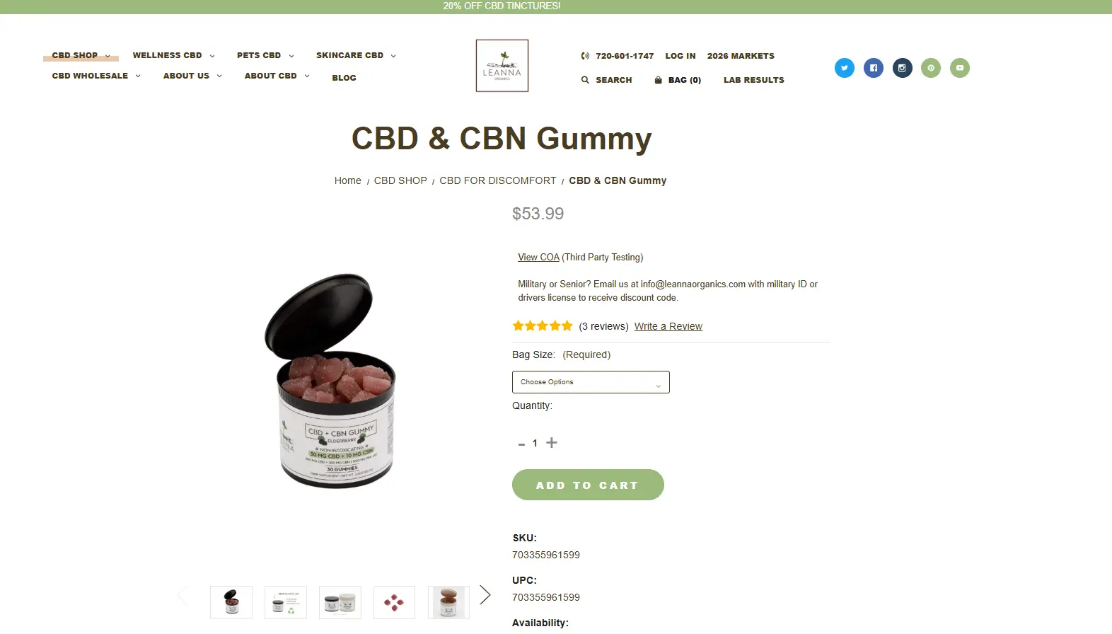 Old Leanna Organics product page on BigCommerce